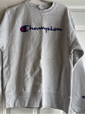 Champion Light Gray Crewneck with Navy Script and Red Accent